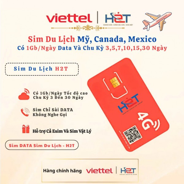 Sim Data Du Lịch Mỹ Canada Mexico 1GB/Ngày | 4G LTE | H2T